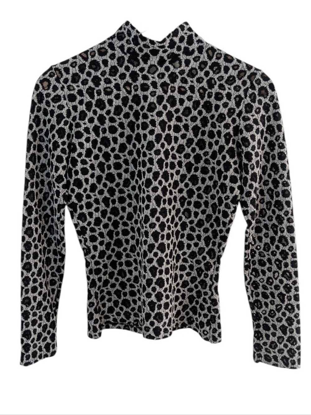 Cache Lace Leopard Print Long Sleeve Top Black Silver Small